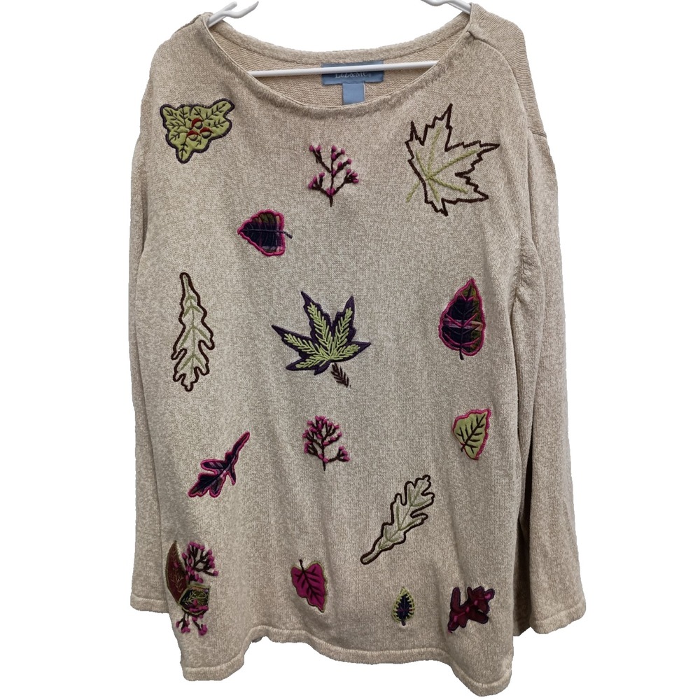 VTG 90s Liz&Me Sweater Womens Sz 2X Beige Leaf Embroidered Cottagecore Grandma